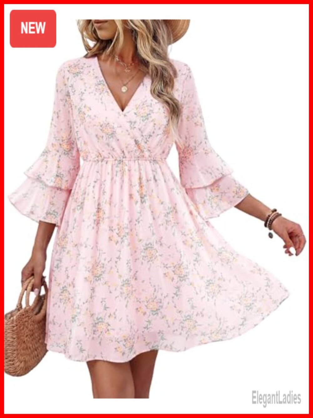 Women's 3/4 Ruffle Sleeve Wrap V-Neck Flowy Chiffon Swing Dress
